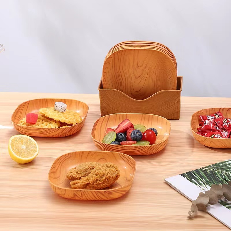 Wooden Design Plastic Dinner Melamine Cater Food Preservation Sublimation Blank Base Plate Fruit Tray