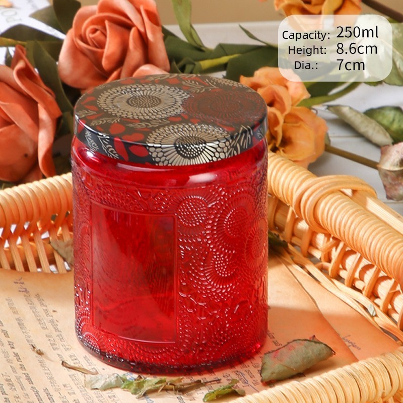 Wholesale White carved Glass Candle Jars With Lid Transparent Amber Black Empty Candle Jars For Making Candles