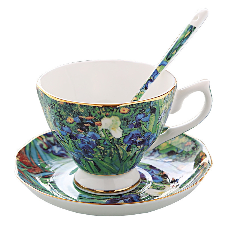 Oil Painting Popular Fine Bone China Coffee Cup And Saucer Set Reusable Latte Mug