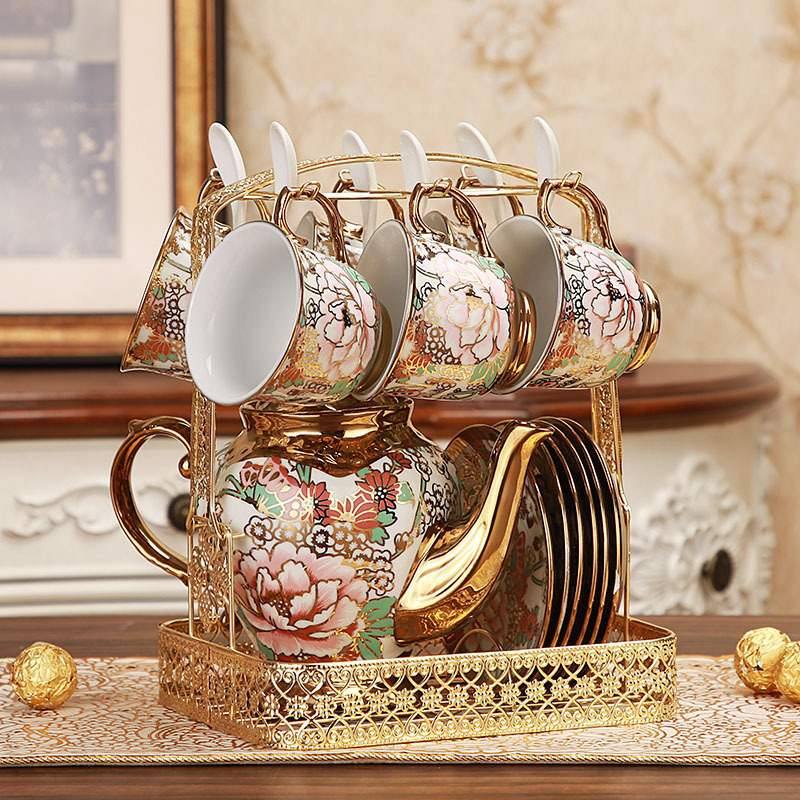 High-Grade Ceramic Coffee Pot and Tea Cup Set Gold-Painted European Style for English Afternoon Tea