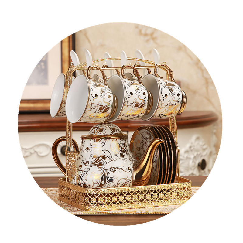 High-Grade Ceramic Coffee Pot and Tea Cup Set Gold-Painted European Style for English Afternoon Tea