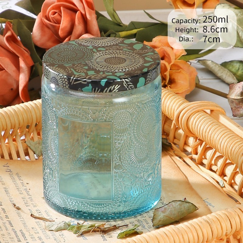 Wholesale White carved Glass Candle Jars With Lid Transparent Amber Black Empty Candle Jars For Making Candles