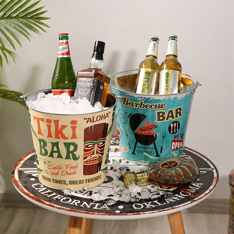 Metal Galvanized Iron Ice Bucket Beer Champagne Wine Cooler Ice Tin Bucket for Bar Using