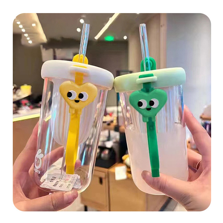 500ml Cold Extract Straw Cup Cartoon Korean Glass Water Cup Portable Water Bottle For Children