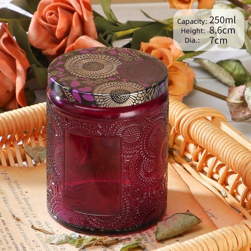 Wholesale White carved Glass Candle Jars With Lid Transparent Amber Black Empty Candle Jars For Making Candles