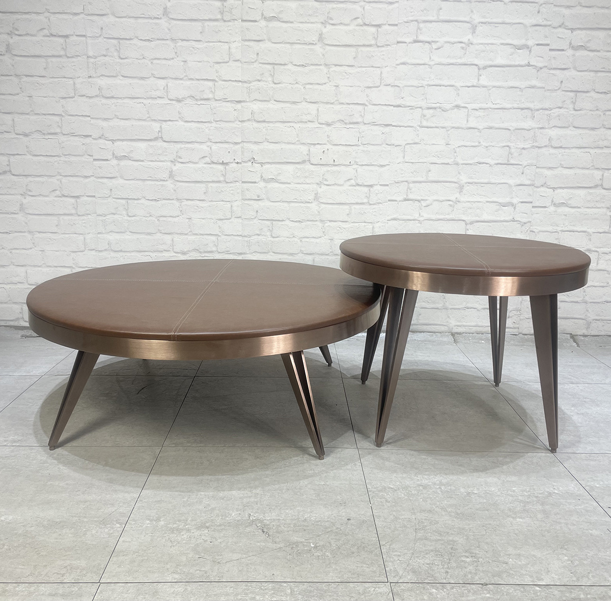 Modern style luxury ethiopian round table top pvc leather travertin coffee table set for home