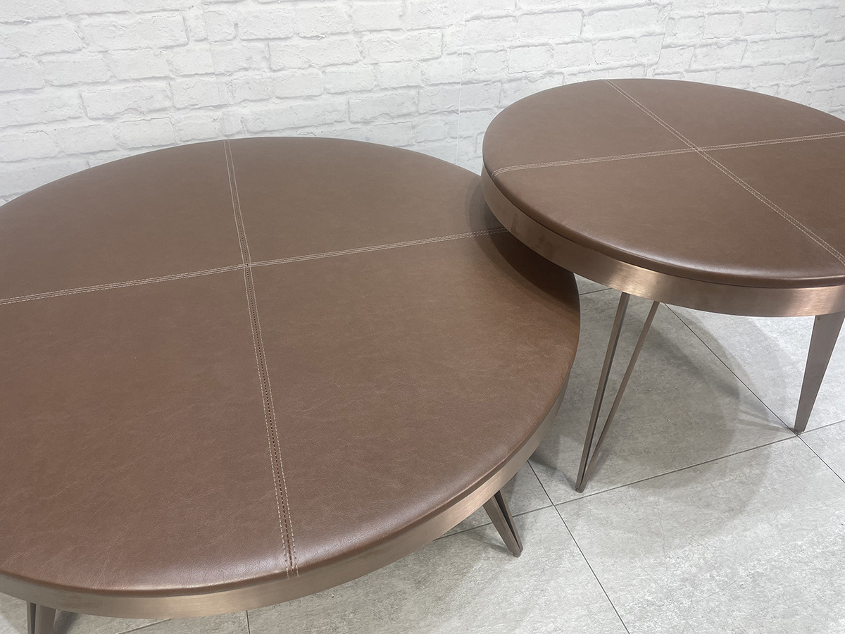 Modern style luxury ethiopian round table top pvc leather travertin coffee table set for home