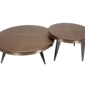 Modern style luxury ethiopian round table top pvc leather travertin coffee table set for home