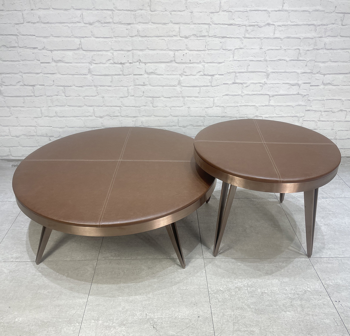 Modern style luxury ethiopian round table top pvc leather travertin coffee table set for home