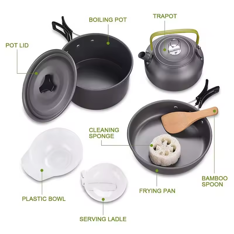 Outdoor Camping Picnic 2 To 3 People Lightweight Aluminum Nonstick Kit Kettle Bowl Camping Cookware Camping Pot And Pan Set