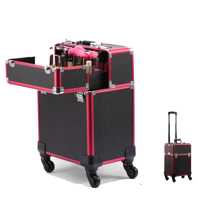 Aluminum Rolling Makeup Cosmetic Train Case Makeup Kit Beauty Box Makeup Trolley Case