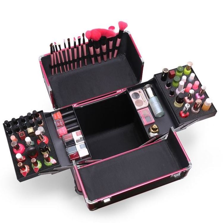 Aluminum Rolling Makeup Cosmetic Train Case Makeup Kit Beauty Box Makeup Trolley Case