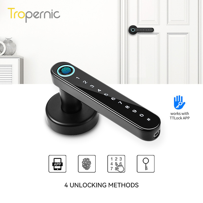 WiFi Keyless Entry Lever Keypad Password Fechadura Digital Tuya ttlock App Biometric Fingerprint Smart Door Handle