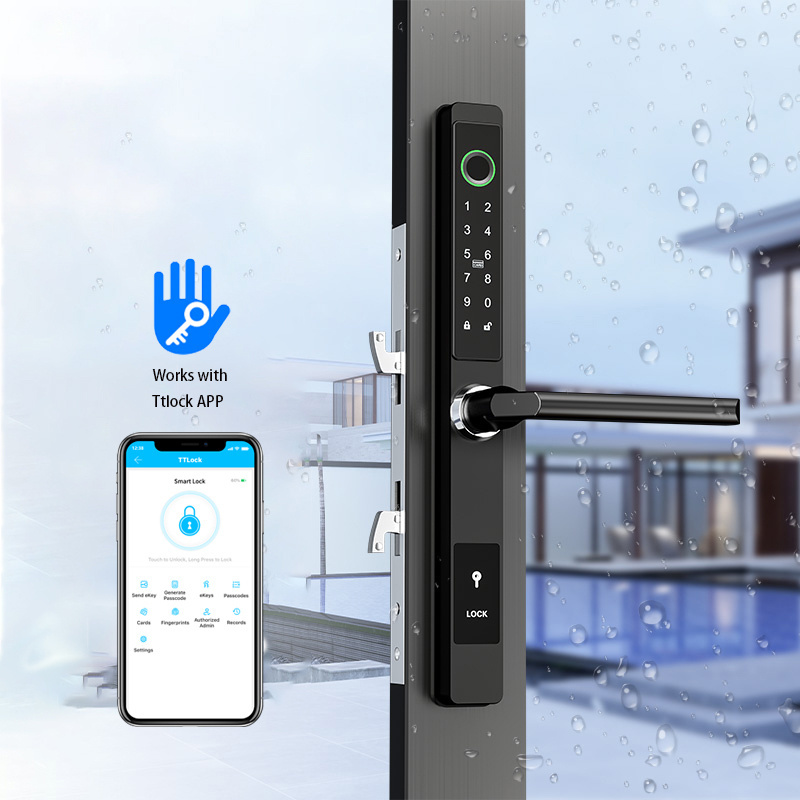 Waterproof Digital Biometric Handle Fingerprint Glass Door Ttlock APP Aluminum Sliding Smart door lock