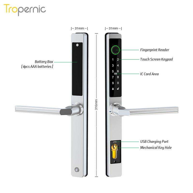 New Safety Waterproof IP68 Digital Smart Aluminum Sliding Glass Ttlock APP Smart Fingerprint Door Lock for home