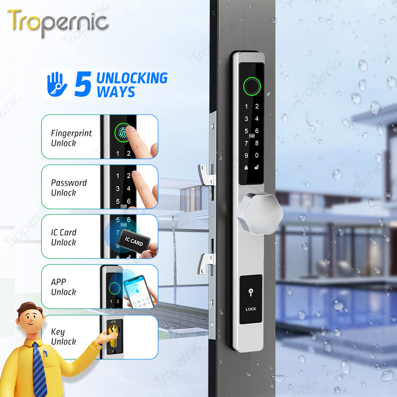 New Safety Waterproof IP68 Digital Smart Aluminum Sliding Glass Ttlock APP Smart Fingerprint Door Lock for home