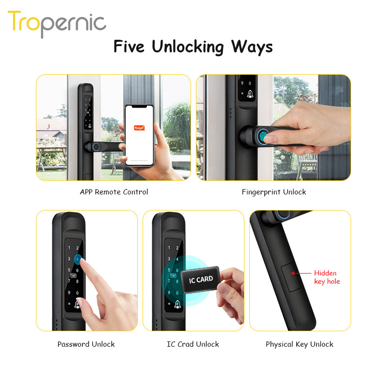 Tropernic Waterproof Zinc Alloy APP Smart Password Card Door Intelligent Lock Fingerprint Sliding Glass Door Lock