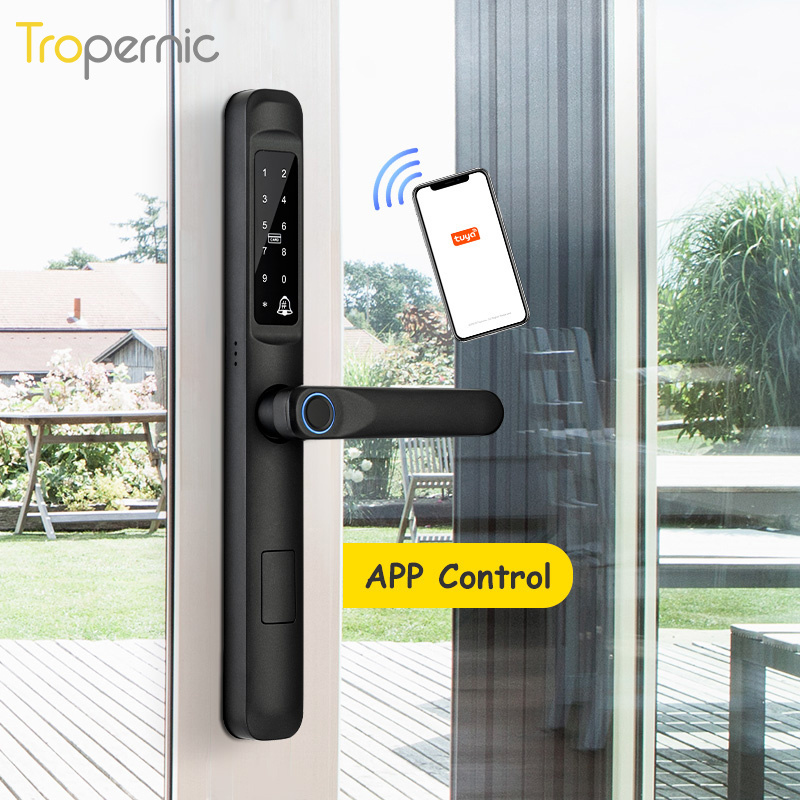 Tropernic Waterproof Zinc Alloy APP Smart Password Card Door Intelligent Lock Fingerprint Sliding Glass Door Lock