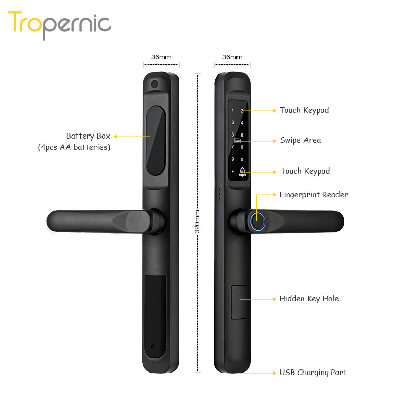 Tropernic Waterproof Zinc Alloy APP Smart Password Card Door Intelligent Lock Fingerprint Sliding Glass Door Lock