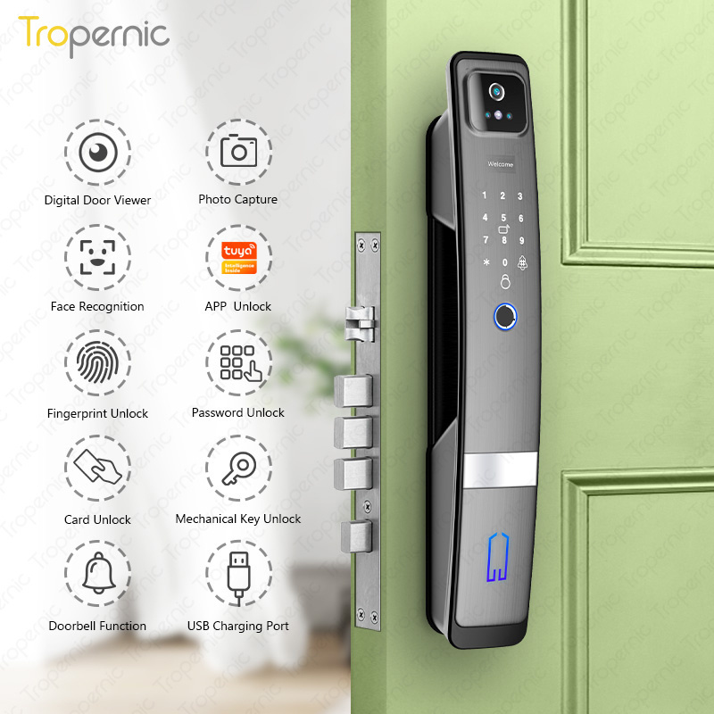 Tropernic Smart Door Keys Mobile Tuya Lock Waterproof Outdoor Smart Biometric Face Door Lock with Eye Scanner