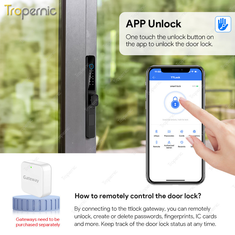 Tropernic Keyless TTlock Electronic Intelligent Door Handle Lock Smart Fingerprint Security Glass Sliding Door Lock