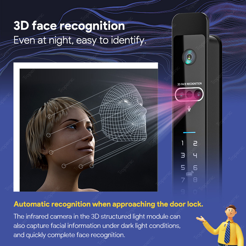 3d Face Recognition Biometric Tuya Push Pull Intercom Wifi Intelligent Digital Glass Slim Smart Door Lock Camera