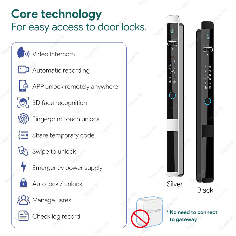 3d Face Recognition Biometric Tuya Push Pull Intercom Wifi Intelligent Digital Glass Slim Smart Door Lock Camera