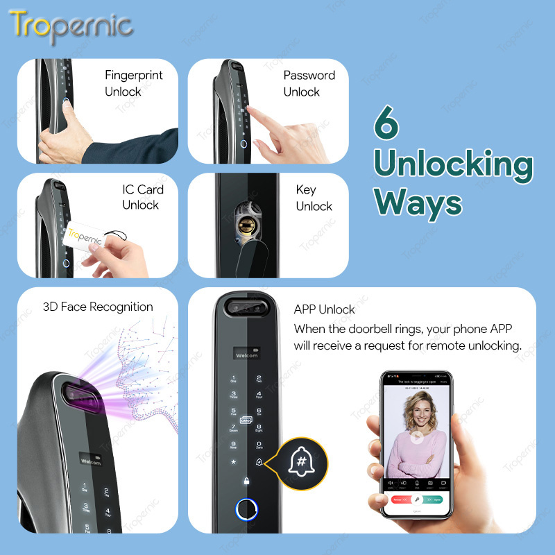 Tropernic Face Recognition TUYA WiFi Remote Control Lock Fully Automatic Camera Door Lock with Doorbell