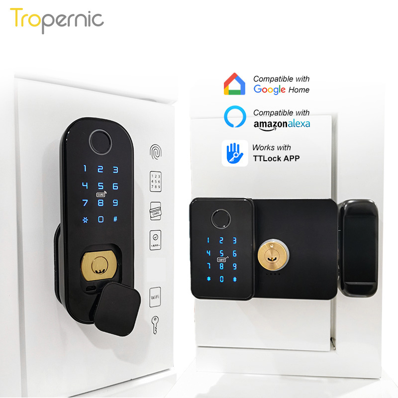 Tropernic Home Security Waterproof Electric Rim Lock Double Sided Fingerprint Door Lock