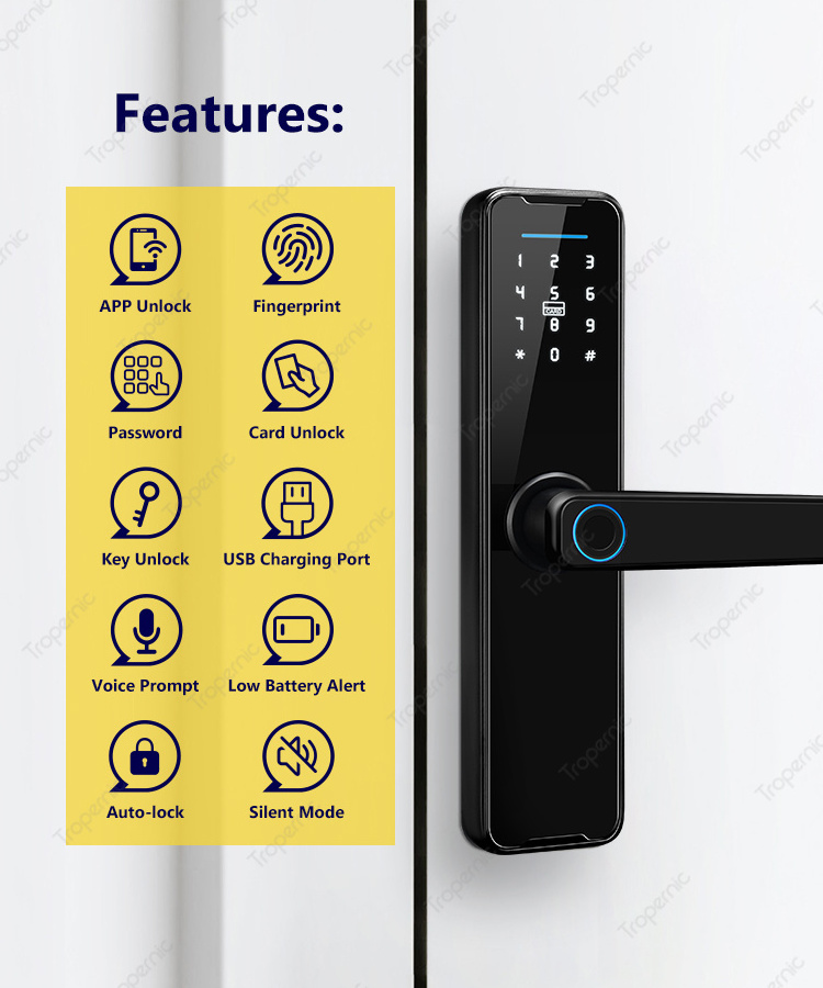 Tropernic Fingerprint Smart Door Lock BLE Password Keyless Apartment Room Lock Tuya APP Digital Door Locks For Home Security