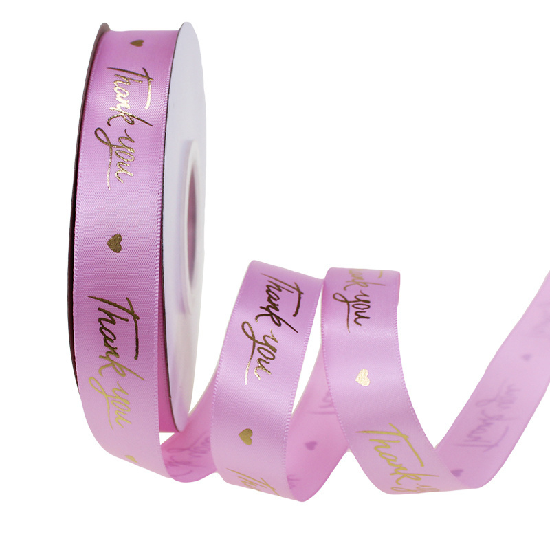 High Quality Custom Gold Foil Logo Printed Gift Satin Ribbon for Wrapping