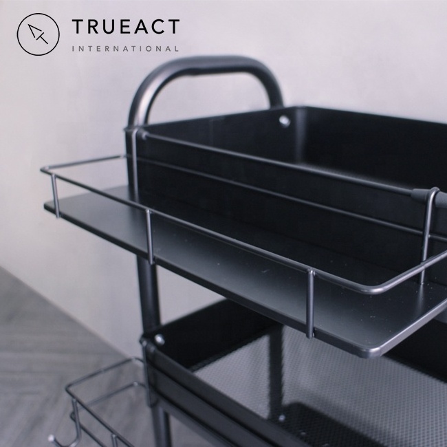 Taiwan black three layer metal shelf kitchen serving storage organizer trolley with accessories