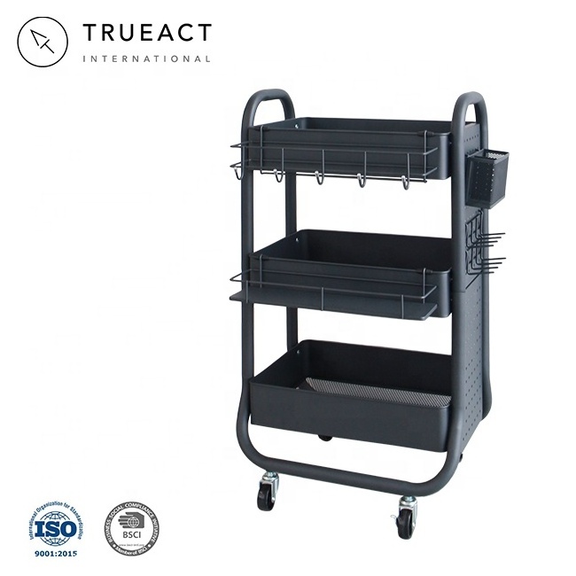 Taiwan dark gray three layer metal shelf kitchen serving storage organizer trolley with accessories