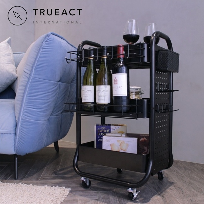 Metal shelf rolling carts with accessaries | black | Taiwan | three layer | kitchen | serving | storage organizer | trolley