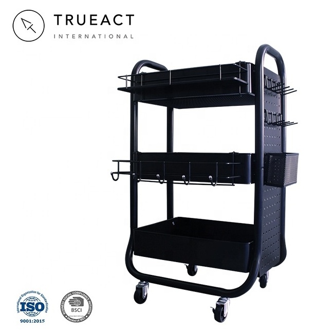 Taiwan black three layer metal shelf kitchen serving storage organizer trolley with accessories