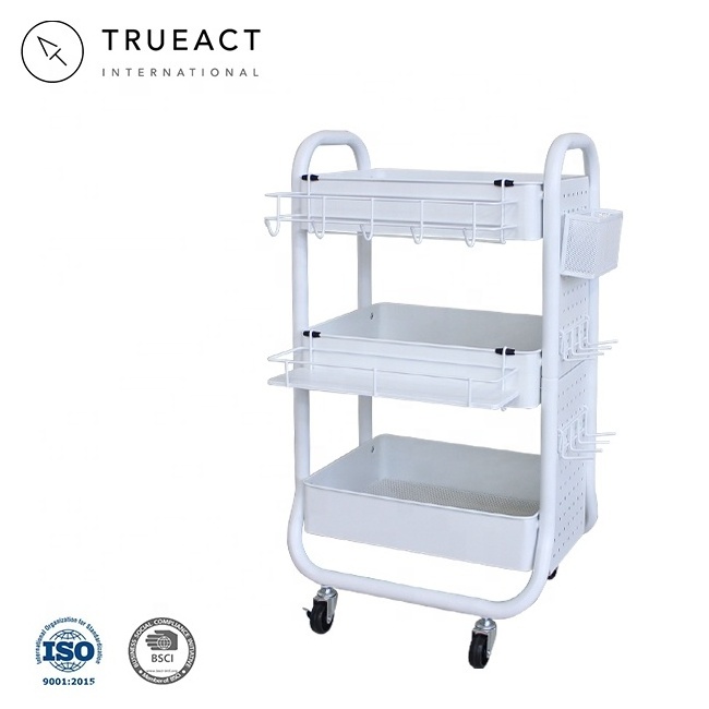 Metal shelf rolling carts with accessaries | white | Taiwan | three layer | kitchen | serving | storage organizer | trolley