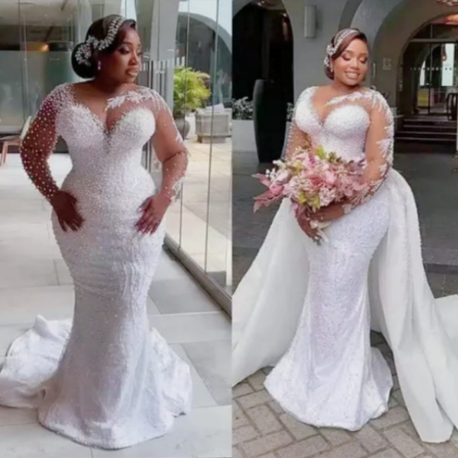 2023 Hot New African Plus-size Wedding Bride Fish Tail Removable Wedding Dress Embroidery Pearl High Quality Wedding Dress