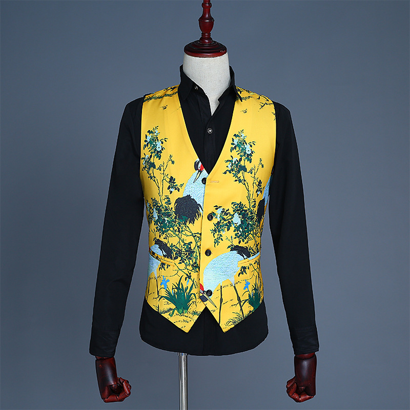 Men's Suit Vest Three-piece Performance Yellow Printed Crane Dress Male Host Slim Suit Studio Theme Wedding Groom Suits