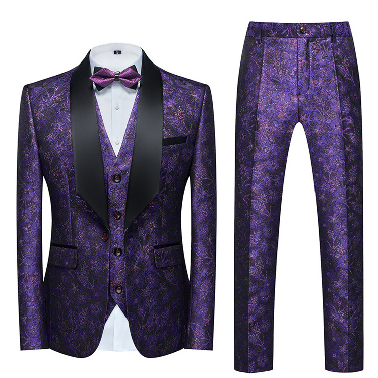 Hot sale men's tuxedo jacquard suit three-piece dress printed blazer vest pants wedding men's suit