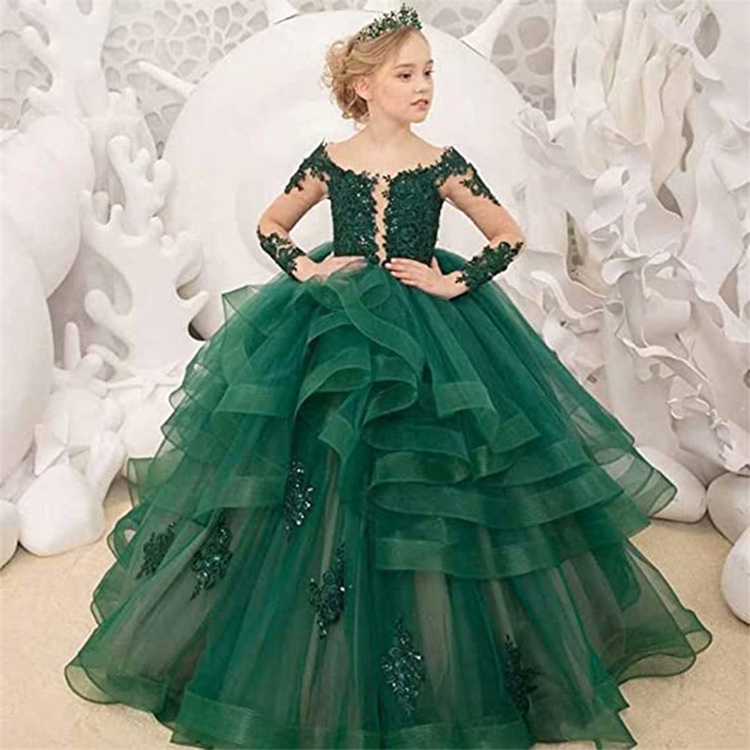 Wholesale In stock Children's wedding dress girl's long-sleeved lace performance birthday princess cake long dress