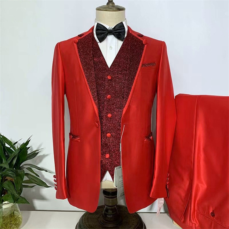 African Men's Best Man Shawl Collar Wedding tuxedo Burgundy Men's Suit Banquet Ball Suit (Jacket + Trousers + vest)