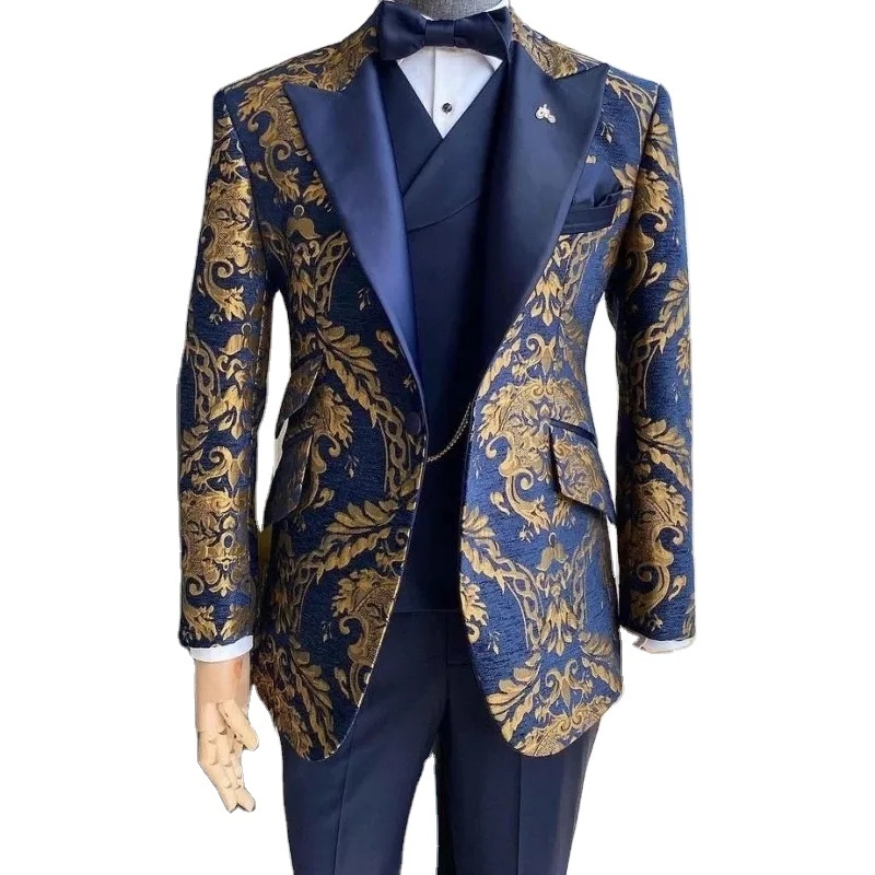 Custom Men's Wedding jacquard tuxedo suit Slim-fit navy and gold gentleman's jacket with tank top pants 3-piece suit popular for