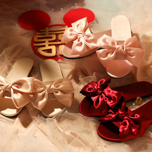 Bow New Style Wedding Bridesmaid Slippers Wedding Satin Red Slippers Wedding Bride Morning Gown With Shoes