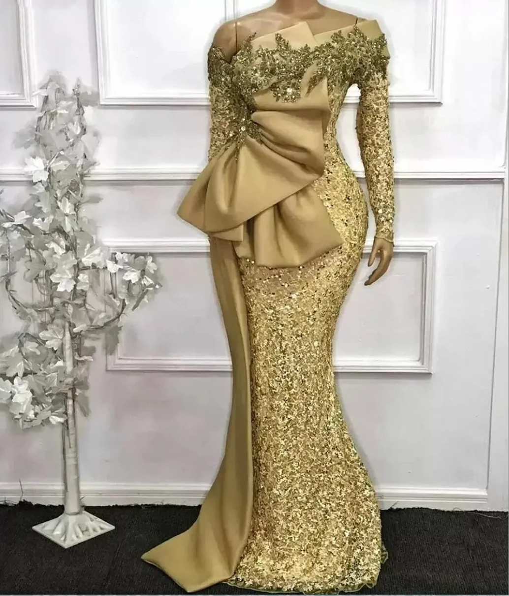 Elegant African Evening Dresses 2023 Long Sleeves Sequined Mermaid Formal Dress Aso Ebi Gold Beaded Lace Appliques Prom Gowns