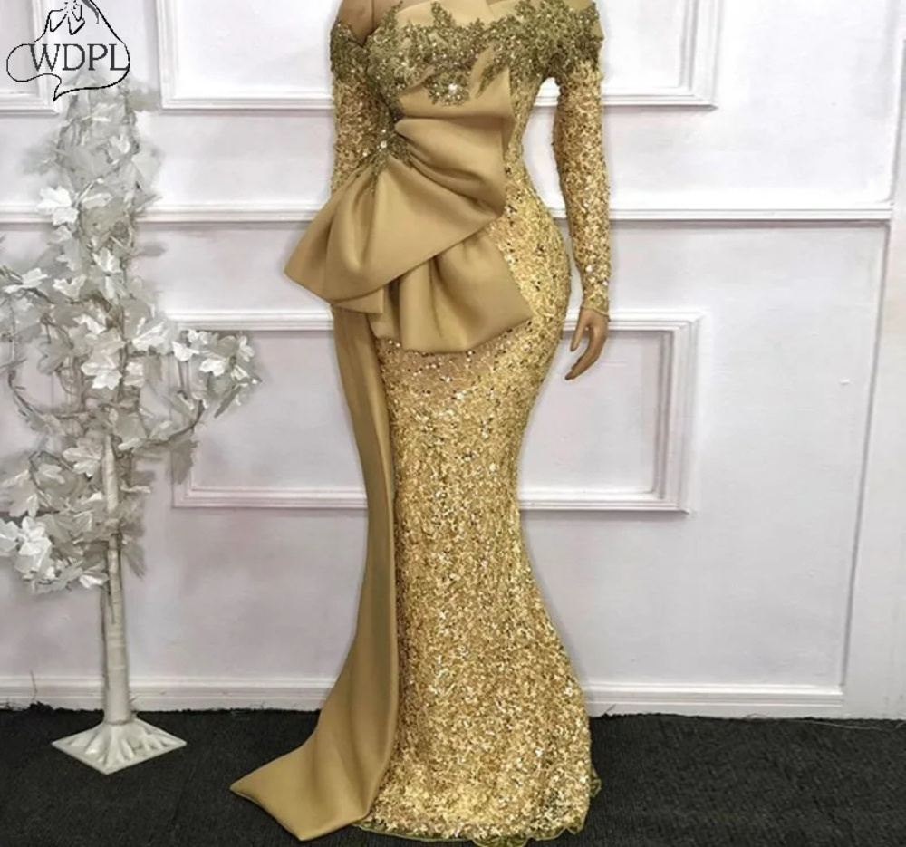 Elegant African Evening Dresses 2023 Long Sleeves Sequined Mermaid Formal Dress Aso Ebi Gold Beaded Lace Appliques Prom Gowns