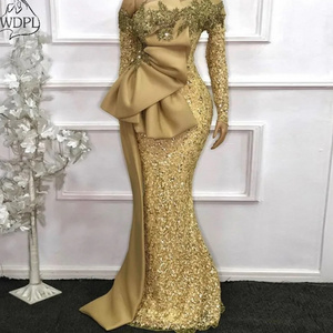 Elegant African Evening Dresses 2023 Long Sleeves Sequined Mermaid Formal Dress Aso Ebi Gold Beaded Lace Appliques Prom Gowns