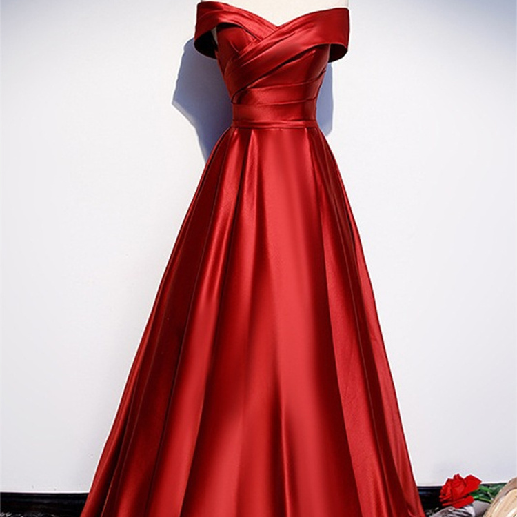 2023 Wedding New One-line Shoulder Slimming Red Satin Party Bridesmaid Toast Dress Evening Dress