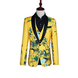 Men's Suit Vest Three-piece Performance Yellow Printed Crane Dress Male Host Slim Suit Studio Theme Wedding Groom Suits