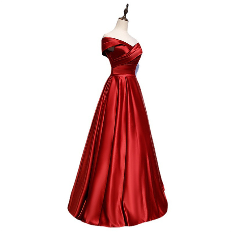 2023 Wedding New One-line Shoulder Slimming Red Satin Party Bridesmaid Toast Dress Evening Dress