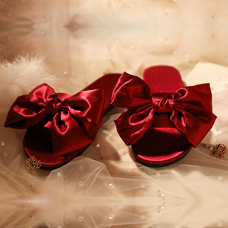 Bow New Style Wedding Bridesmaid Slippers Wedding Satin Red Slippers Wedding Bride Morning Gown With Shoes